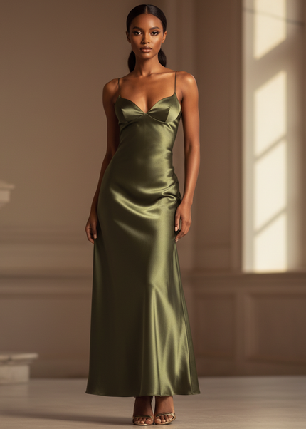 Satin Kleid - Satinkleid Lang Olive - Maxikleid Spaghettitraeger Satin - Ansicht 1