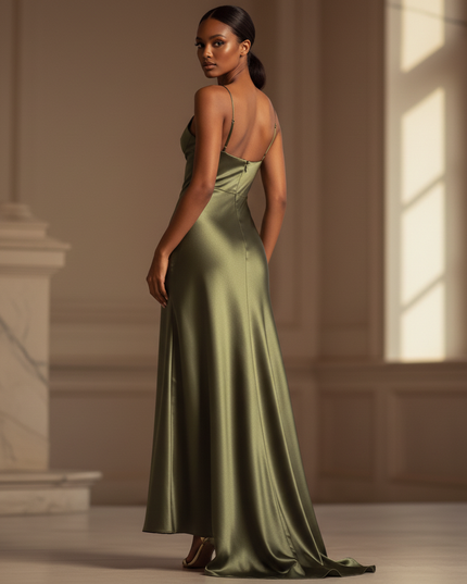 Satin Kleid - Satinkleid Lang Olive - Maxikleid Spaghettitraeger Satin - Ansicht 2