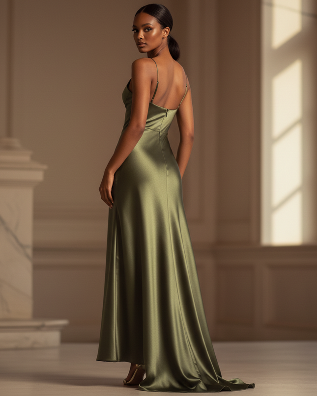 Satin Kleid - Satinkleid Lang Olive - Maxikleid Spaghettitraeger Satin - Ansicht 2