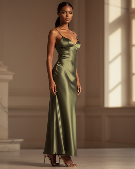 Satin Kleid - Satinkleid Lang Olive - Maxikleid Spaghettitraeger Satin - Ansicht 3