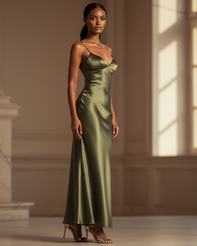 Satin Kleid - Satinkleid Lang Olive - Maxikleid Spaghettitraeger Satin - Ansicht 3