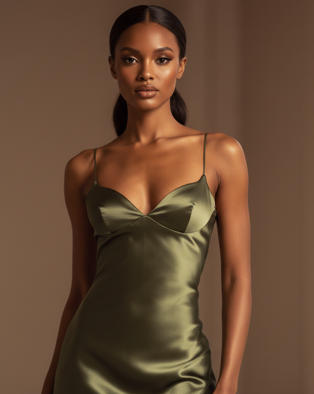 Satin Kleid - Satinkleid Lang Olive - Maxikleid Spaghettitraeger Satin - Ansicht 4