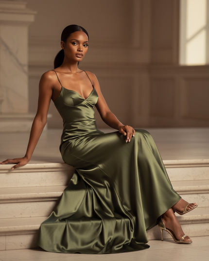 Satin Kleid - Satinkleid Lang Olive - Maxikleid Spaghettitraeger Satin - Ansicht 5