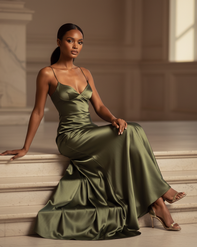 Satin Kleid - Satinkleid Lang Olive - Maxikleid Spaghettitraeger Satin - Ansicht 5