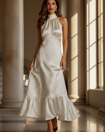 Satin Kleid - Satinkleid Lang One-Shoulder Weiss - Maxikleid Polka Dot - Ansicht 1
