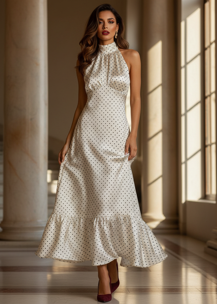 Satin Kleid - Satinkleid Lang One-Shoulder Weiss - Maxikleid Polka Dot - Ansicht 1