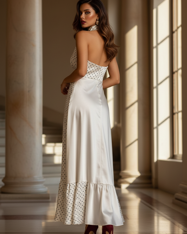 Satin Kleid - Satinkleid Lang One-Shoulder Weiss - Maxikleid Polka Dot - Ansicht 2