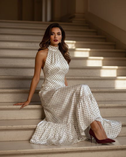 Satin Kleid - Satinkleid Lang One-Shoulder Weiss - Maxikleid Polka Dot - Ansicht 5