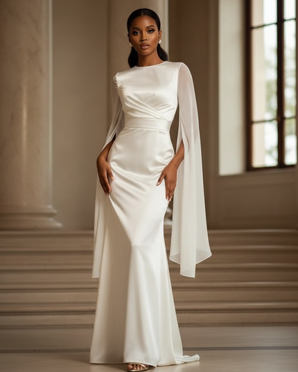 Satin Kleid - Satinkleid Lang One-Shoulder - Maxikleid Weiss Slim - Ansicht 1