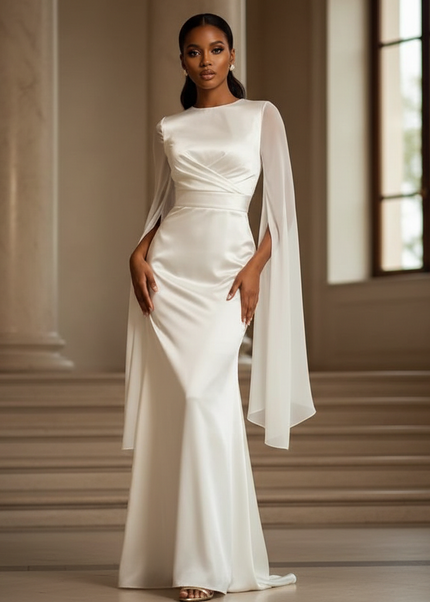 Satin Kleid - Satinkleid Lang One-Shoulder - Maxikleid Weiss Slim - Ansicht 1