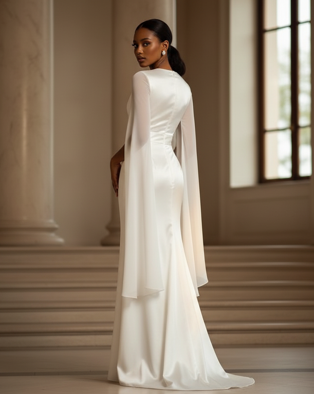 Satin Kleid - Satinkleid Lang One-Shoulder - Maxikleid Weiss Slim - Ansicht 2