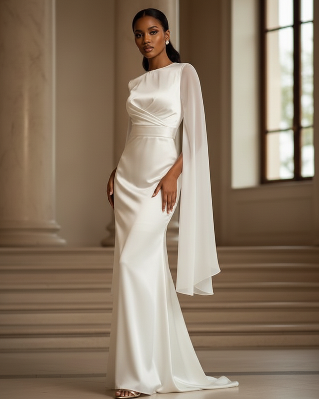 Satin Kleid - Satinkleid Lang One-Shoulder - Maxikleid Weiss Slim - Ansicht 3