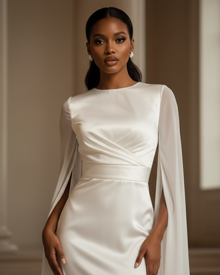 Satin Kleid - Satinkleid Lang One-Shoulder - Maxikleid Weiss Slim - Ansicht 4