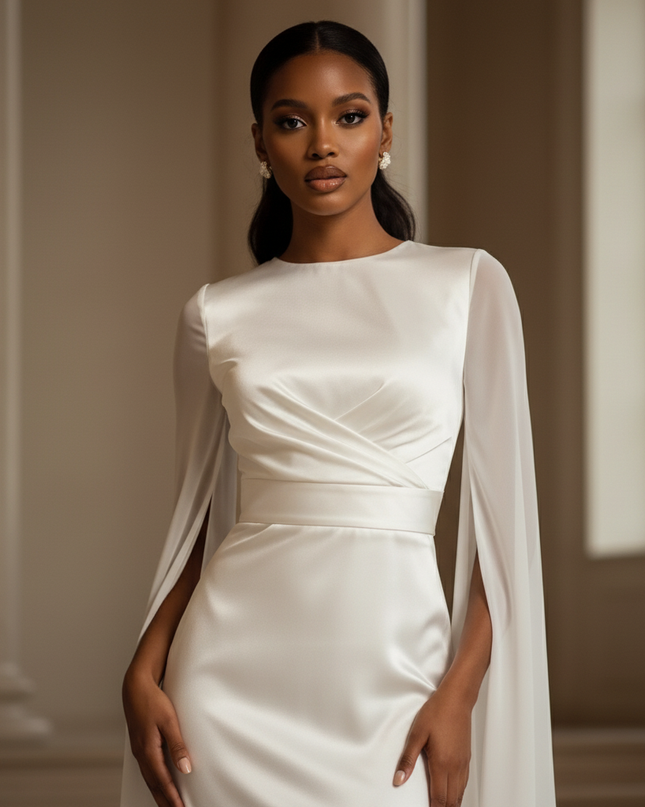 Satin Kleid - Satinkleid Lang One-Shoulder - Maxikleid Weiss Slim - Ansicht 4