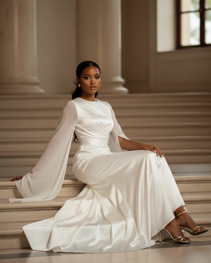 Satin Kleid - Satinkleid Lang One-Shoulder - Maxikleid Weiss Slim - Ansicht 5