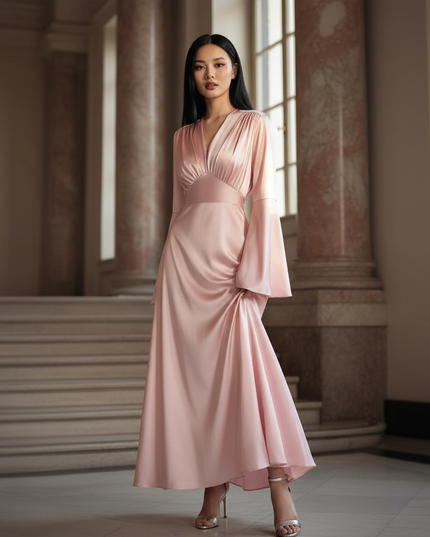 Satin Kleid - Satinkleid Lang Rosa - Maxikleid Langarm Blumen - Ansicht 1
