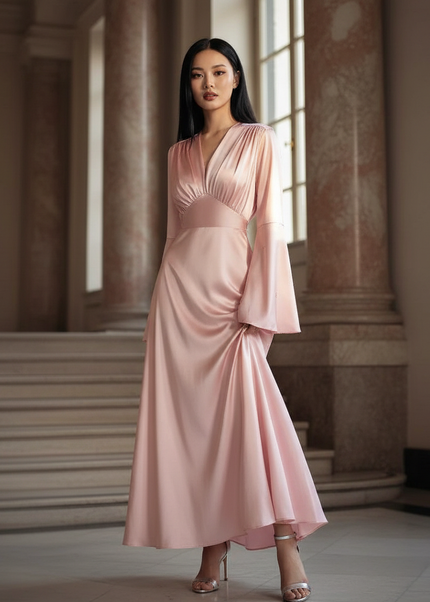 Satin Kleid - Satinkleid Lang Rosa - Maxikleid Langarm Blumen - Ansicht 1
