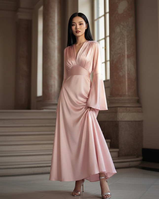 Satin Kleid - Satinkleid Lang Rosa - Maxikleid Langarm Blumen - Ansicht 1