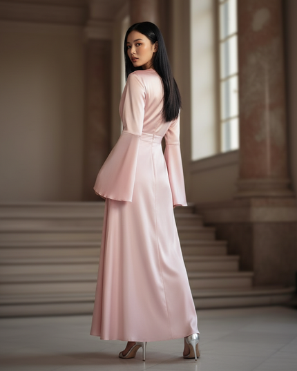 Satin Kleid - Satinkleid Lang Rosa - Maxikleid Langarm Blumen - Ansicht 2