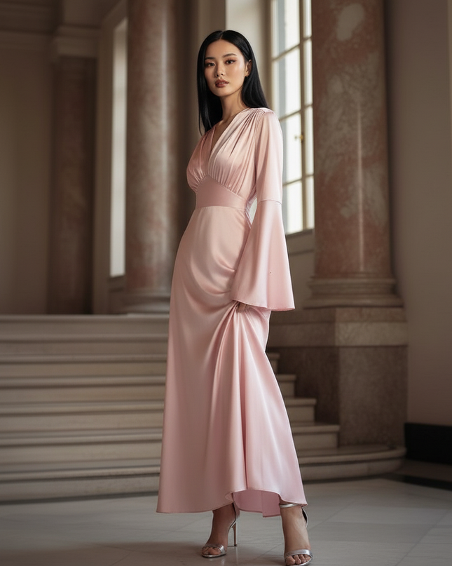 Satin Kleid - Satinkleid Lang Rosa - Maxikleid Langarm Blumen - Ansicht 3