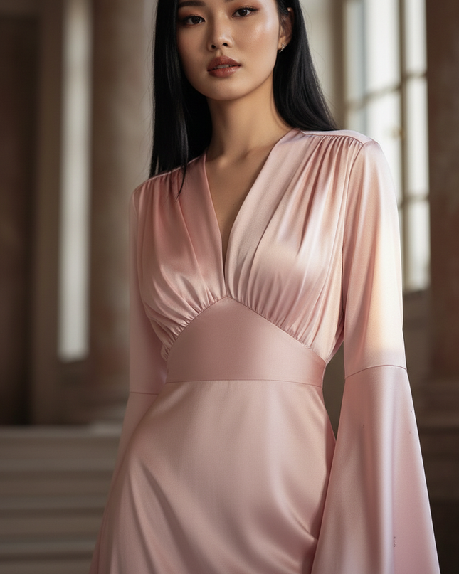 Satin Kleid - Satinkleid Lang Rosa - Maxikleid Langarm Blumen - Ansicht 4