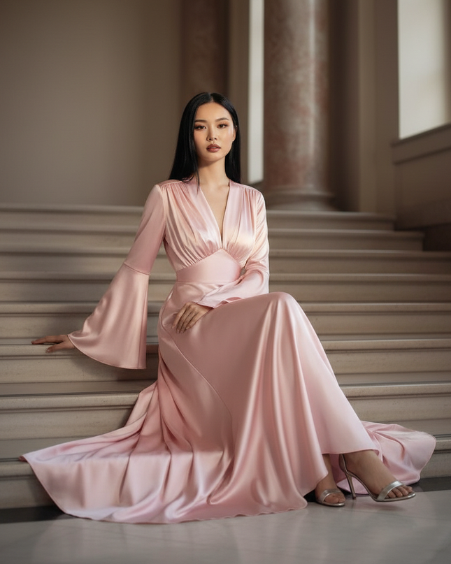 Satin Kleid - Satinkleid Lang Rosa - Maxikleid Langarm Blumen - Ansicht 5
