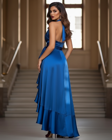 Satin Kleid - Satinkleid Lang Rueckenfrei Blau - Halter Maxikleid - Ansicht 2