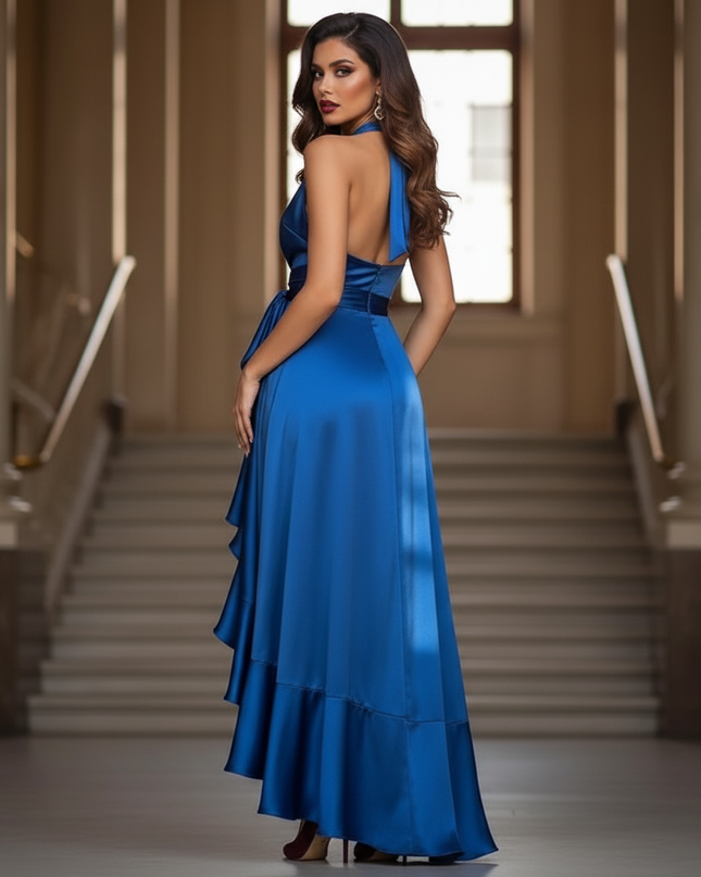 Satin Kleid - Satinkleid Lang Rueckenfrei Blau - Halter Maxikleid - Ansicht 2