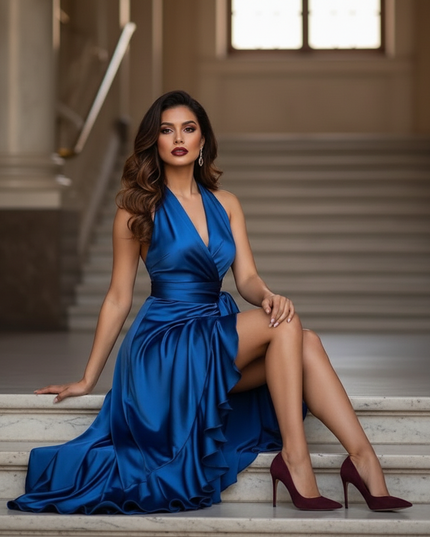 Satin Kleid - Satinkleid Lang Rueckenfrei Blau - Halter Maxikleid - Ansicht 5