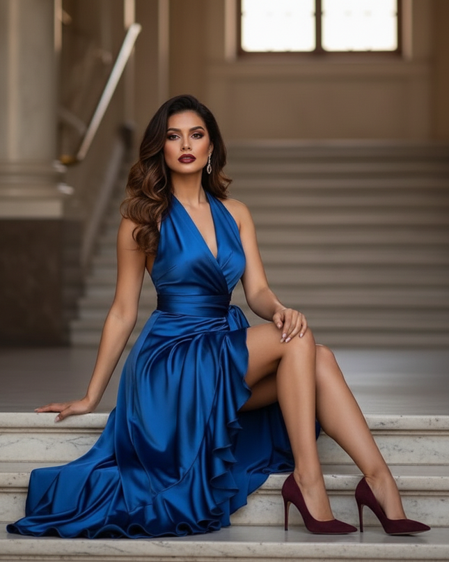 Satin Kleid - Satinkleid Lang Rueckenfrei Blau - Halter Maxikleid - Ansicht 5