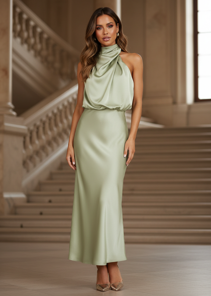 Satin Kleid - Satinkleid Lang Rueckenfrei Gruen - Halter Maxikleid - Ansicht 1