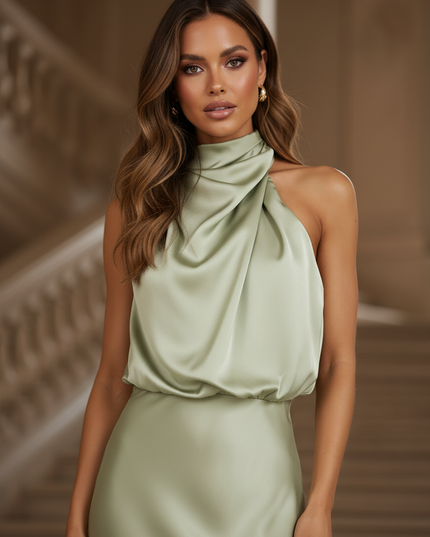 Satin Kleid - Satinkleid Lang Rueckenfrei Gruen - Halter Maxikleid - Ansicht 4