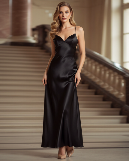 Satin Kleid - Satinkleid Lang Rueckenfrei Schwarz - Schwarzes Maxikleid - Ansicht 1