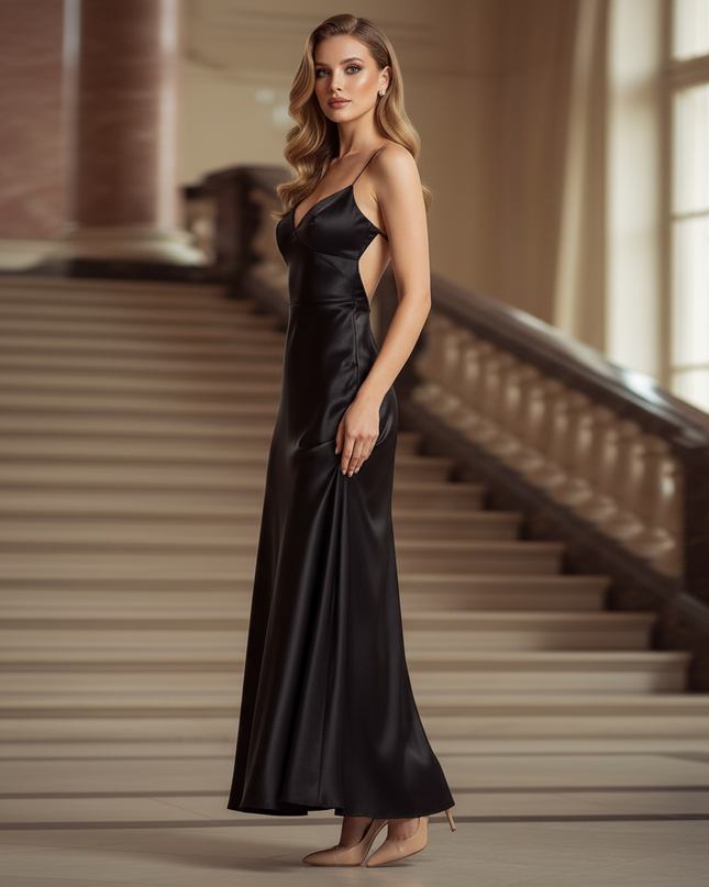 Satin Kleid - Satinkleid Lang Rueckenfrei Schwarz - Schwarzes Maxikleid - Ansicht 3
