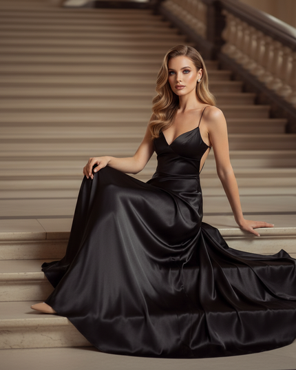 Satin Kleid - Satinkleid Lang Rueckenfrei Schwarz - Schwarzes Maxikleid - Ansicht 5