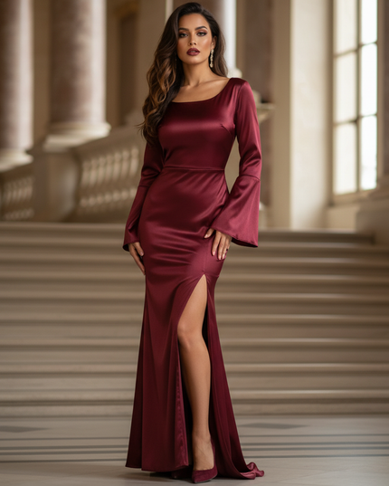 Satin Kleid - Satinkleid Lang Schlitz Bordeaux - Bodycon Maxikleid - Ansicht 1