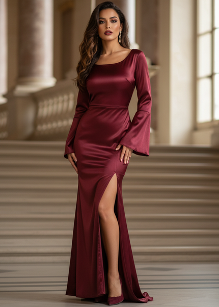 Satin Kleid - Satinkleid Lang Schlitz Bordeaux - Bodycon Maxikleid - Ansicht 1