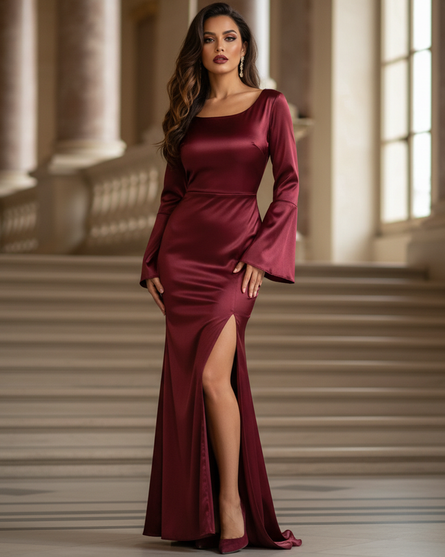 Satin Kleid - Satinkleid Lang Schlitz Bordeaux - Bodycon Maxikleid - Ansicht 1