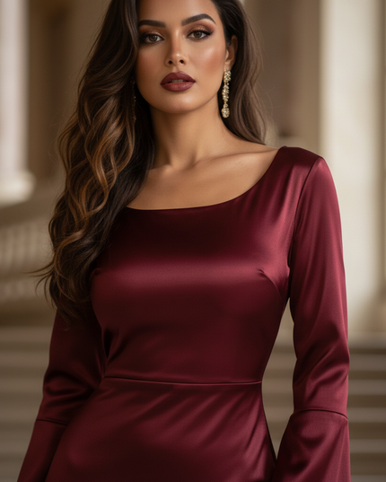 Satin Kleid - Satinkleid Lang Schlitz Bordeaux - Bodycon Maxikleid - Ansicht 4