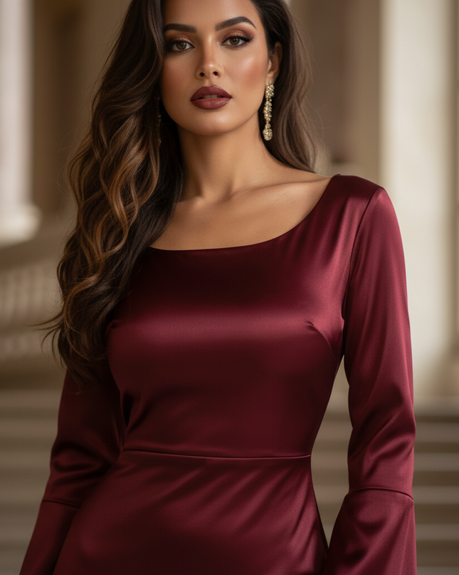 Satin Kleid - Satinkleid Lang Schlitz Bordeaux - Bodycon Maxikleid - Ansicht 4