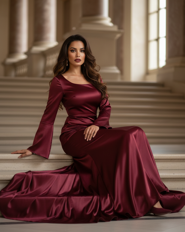 Satin Kleid - Satinkleid Lang Schlitz Bordeaux - Bodycon Maxikleid - Ansicht 5