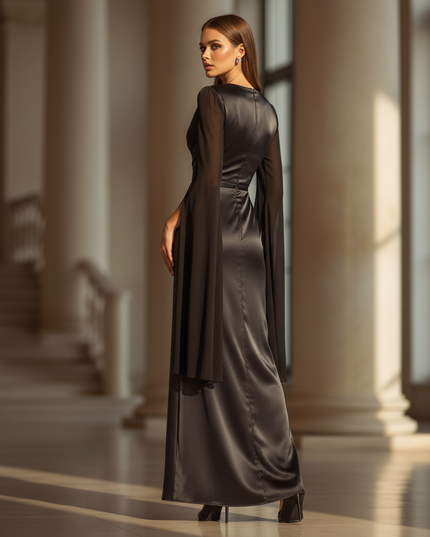 Satin Kleid - Satinkleid Lang Schlitz Schwarz - Elegantes Maxikleid - Ansicht 2
