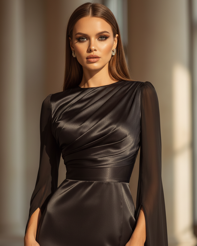 Satin Kleid - Satinkleid Lang Schlitz Schwarz - Elegantes Maxikleid - Ansicht 4