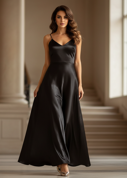 Satin Kleid - Satinkleid Lang Schwarz - Elegantes Maxikleid Satin - Ansicht 1
