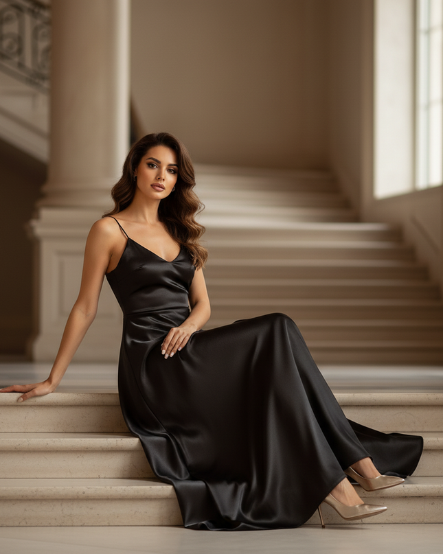 Satin Kleid - Satinkleid Lang Schwarz - Elegantes Maxikleid Satin - Ansicht 5