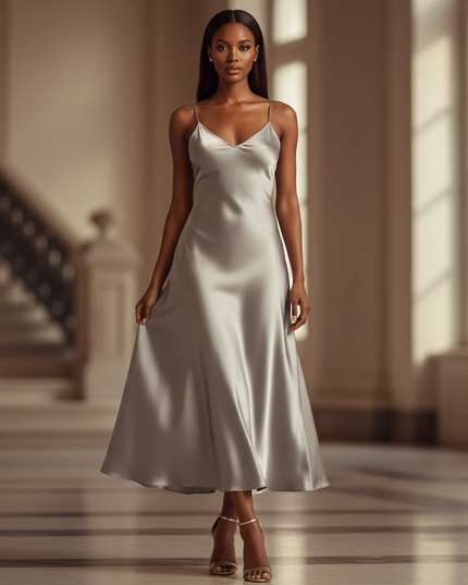 Satin Kleid - Satinkleid Lang Silber - Maxikleid Spaghettitrager - Ansicht 1