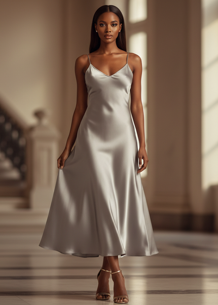 Satin Kleid - Satinkleid Lang Silber - Maxikleid Spaghettitrager - Ansicht 1