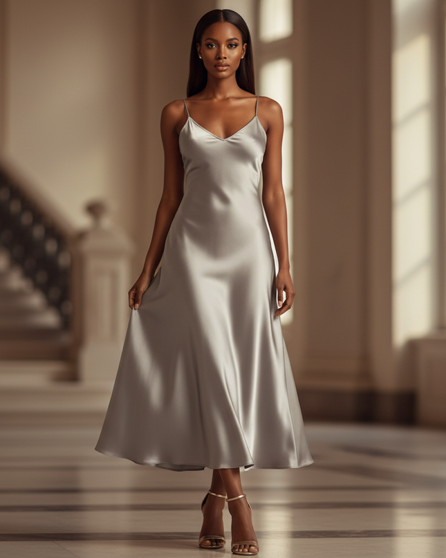 Satin Kleid - Satinkleid Lang Silber - Maxikleid Spaghettitrager - Ansicht 1