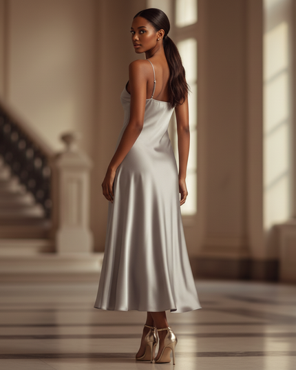 Satin Kleid - Satinkleid Lang Silber - Maxikleid Spaghettitrager - Ansicht 2