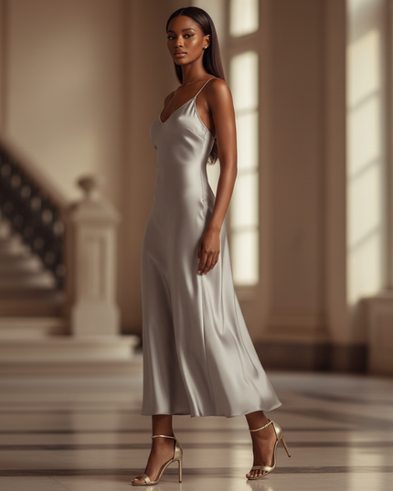 Satin Kleid - Satinkleid Lang Silber - Maxikleid Spaghettitrager - Ansicht 3